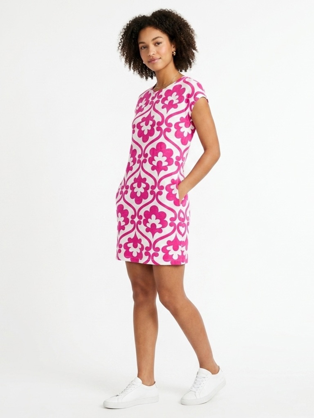 Boden Leah T-Shirt Dress Pockets Geometric Cotton Pink White 8P